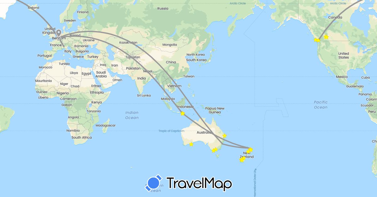 TravelMap itinerary: driving, plane in Australia, Belgium, Canada, Indonesia, Italy, New Zealand (Asia, Europe, North America, Oceania)