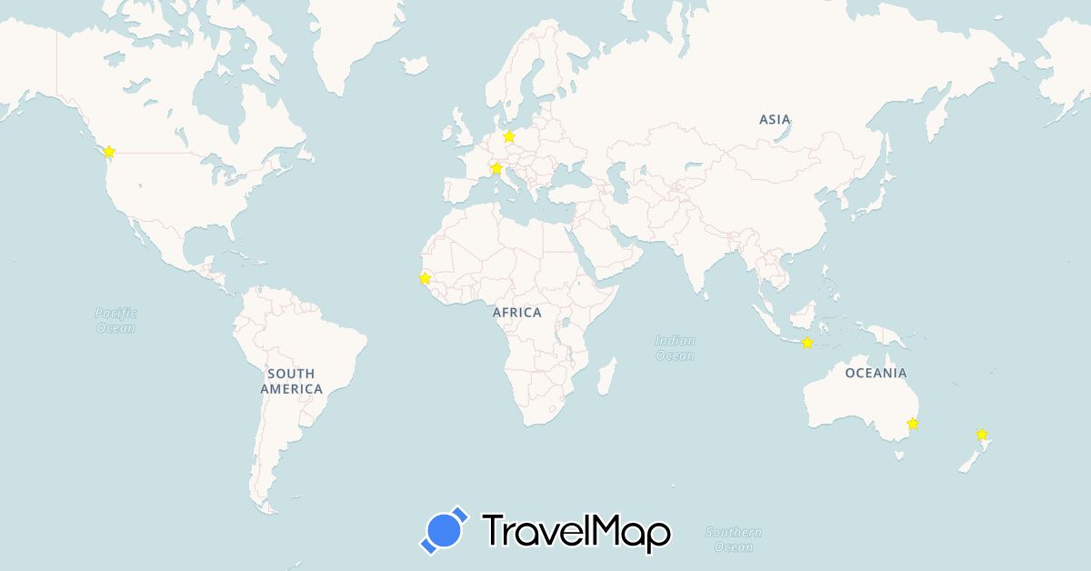 TravelMap itinerary: driving in Australia, Canada, Germany, Gambia, Indonesia, Italy, New Zealand (Africa, Asia, Europe, North America, Oceania)